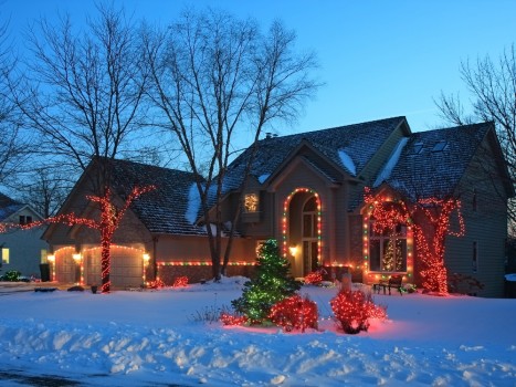 Home decorated with Christmas lights