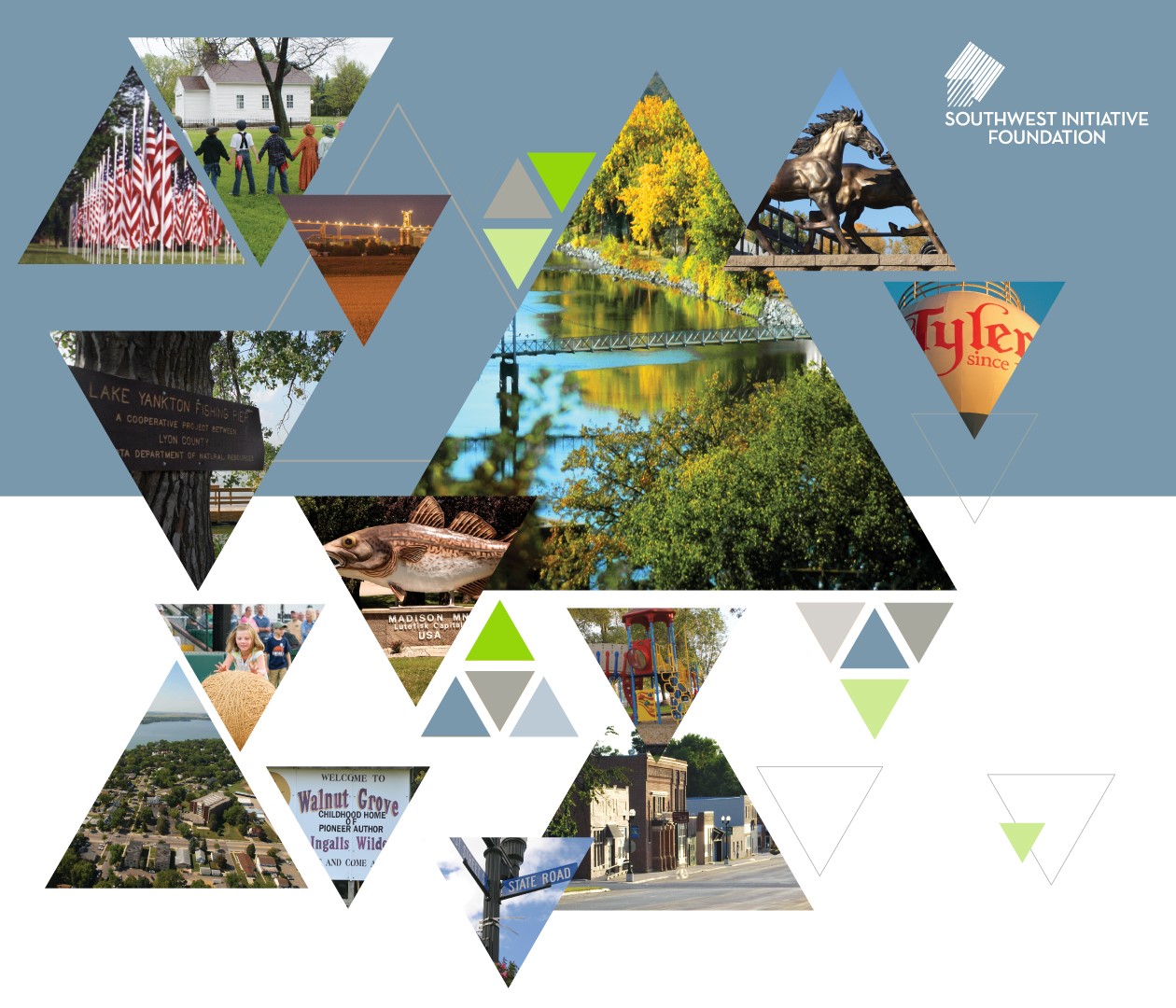 Graphic with varied triangle-shaped frames showing pictures from around the region