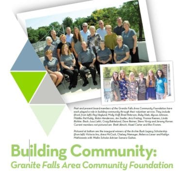 A screen shot of the annual report story featuring Granite Falls Area Community Foundation that shows a group photo of current and former board alongside a picture of several women scholarship winners.