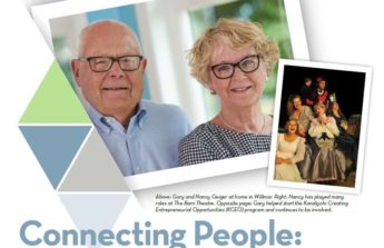 A screen shot of the annual report story featuring Gary and Nancy Geiger that shows a photo of the couple alongside a picture of Nancy in a live theater production.