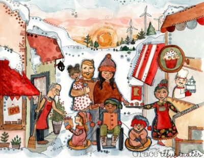 Custom illustration showing a family surrounded by a caring community in a winter scene