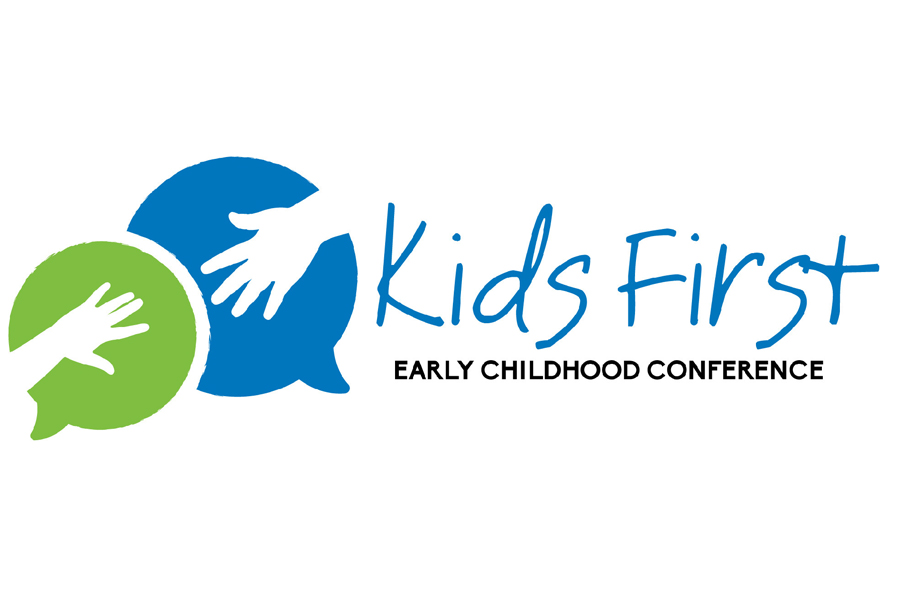 Green and blue word bubbles with children's hands inlaid appear next to the words Kids First Early Childhood Conference.