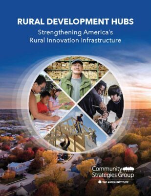 Cover image for the Rural Development Hubs Report shows a pie graphic with four wedges, each featuring a different photo