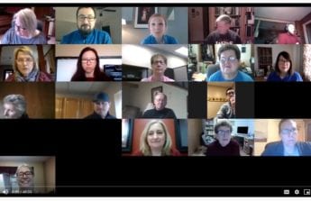 Screen shot of a video meeting with a grid of people
