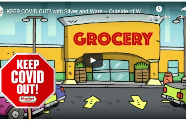 An illustration shows a grocery store and parking lot with a stop sign that says, "Keep COVID Out!"