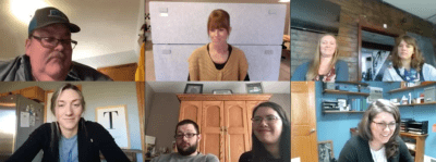 Screen shot of a virtual meeting with six video feeds on screen.