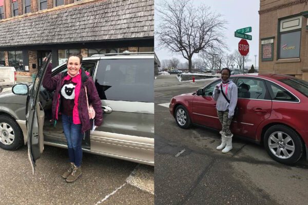 Side-by-side photos show two women holding keys to cars they've received through UCAP