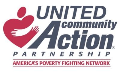 A red heart with hands encircling it and a head at the top is next to blue text in this logo for United Community Action Partnership
