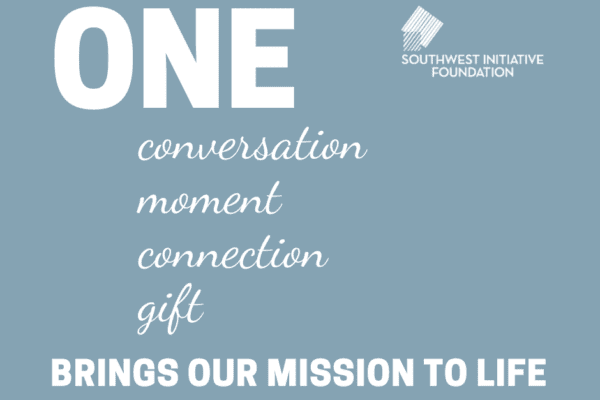 Blue graphic with white logo and lettering, "One conversation, moment, connection, gift ... brings our mission to life"