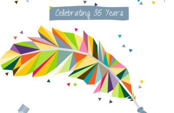 Colorful feather pen graphic with the word "Writing Southwest Minnesota's Success Story, Celebrating 35 years" and "You're part of the story"