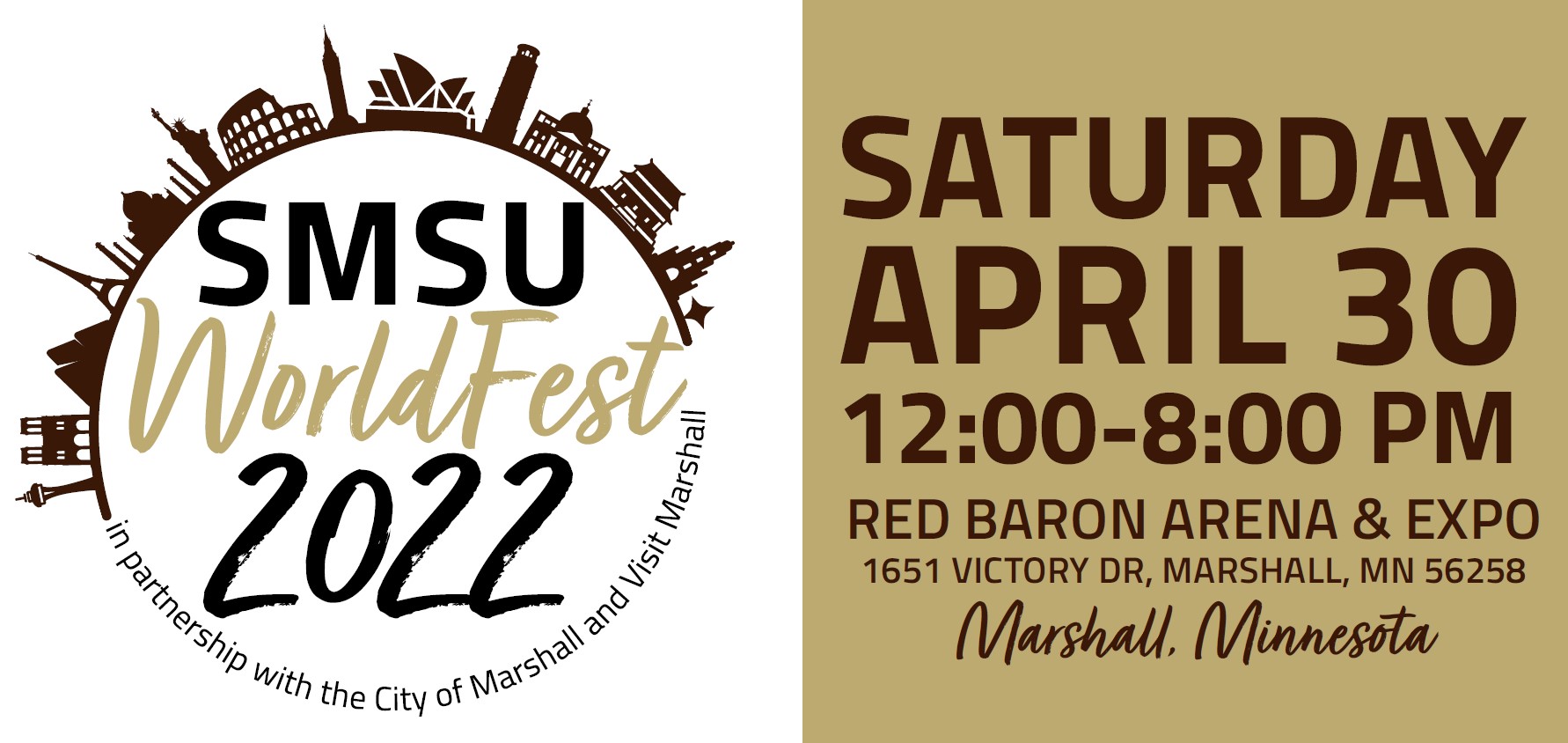 A graphic in browns and golds has the text SMSU WorldFest 2022 and the event date, Saturday, April 30, from noon to 8 p.m.