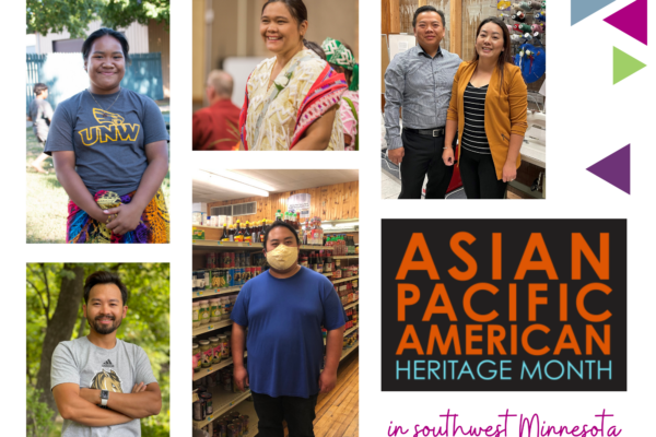 A photo collage of community members with the logo for Asian Pacific American Heritage Month and the text "in southwest Minnesota"