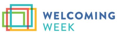 A logo with interlocking squares in bright colors and the text, "Welcoming Week"