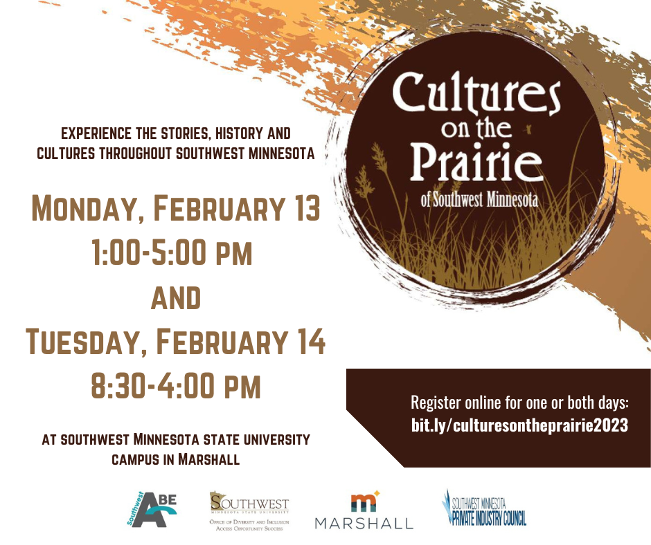 A brown and orange graphic listing the dates for Cultures on the Prairie along with sponsors