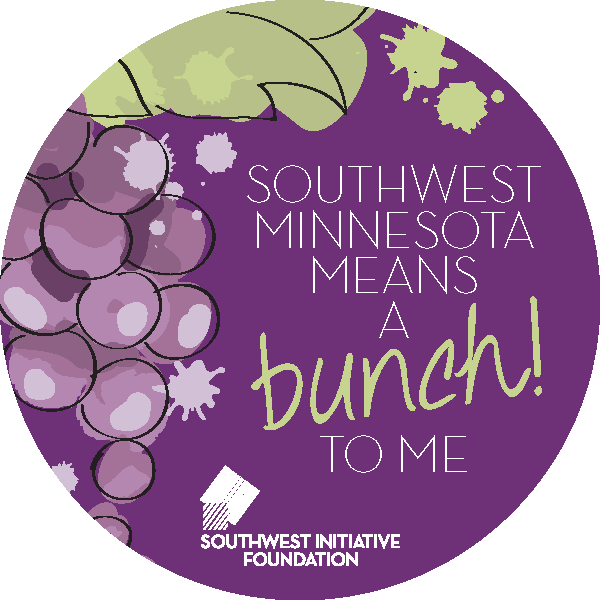 Image of a round purple sticker with a bunch of grapes that has the SWIF logo and reads, "southwest Minnesota means a bunch to me."