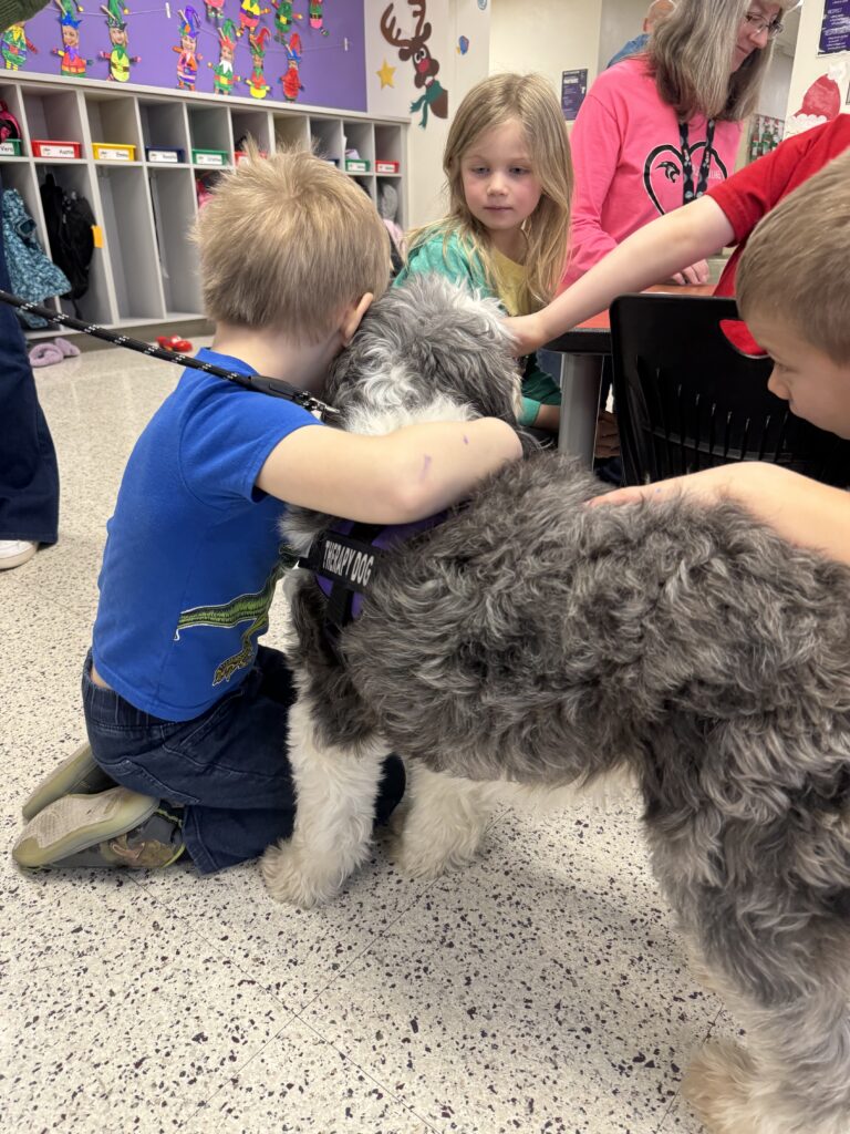 Phoebe the Aussiedoodle gets a hug from a little boy while another pets her.