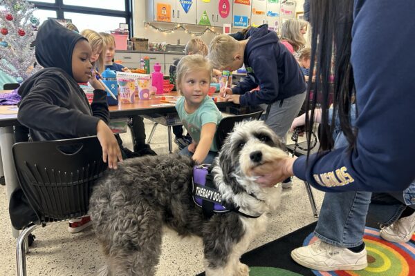 Phoebe the Aussiedoodle looks at the camera while two young students and a teacher pet her.