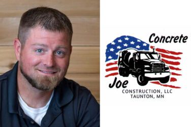 A smiling man with short hair and a trimmed beard in a dark polo shirt. Next to him is the Joe Concrete Construction, LLC logo from Taunton, MN, featuring a mixer truck and an American flag—proudly building with the help of small business loans.