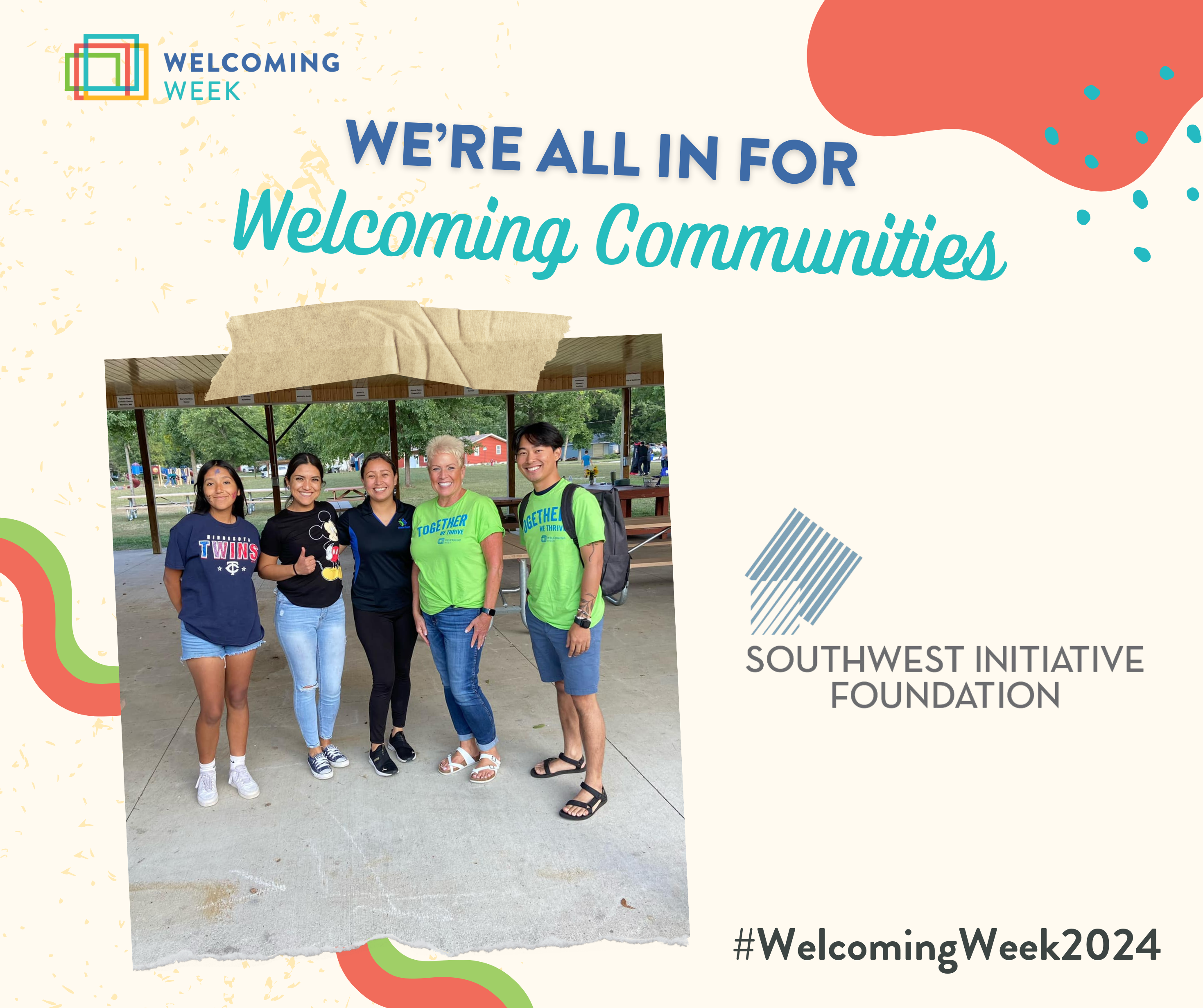 A graphic with a photo from Swift County Area Welcoming Week, We're all in for Welcoming Communities and the Southwest Initiative Foundation logo