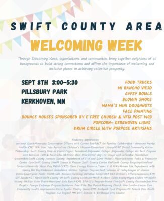 Flyer announcing activities and food truck for Swift County Area Welcoming Week 2024.