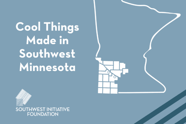 A blue graphic with white text and elements that includes the copy Cool Things Made in Southwest Minnesota, the foundation's logo and a map of the region.