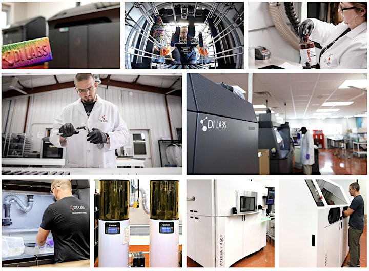 A photo collage from DI Labs showing employees working, products and machines.