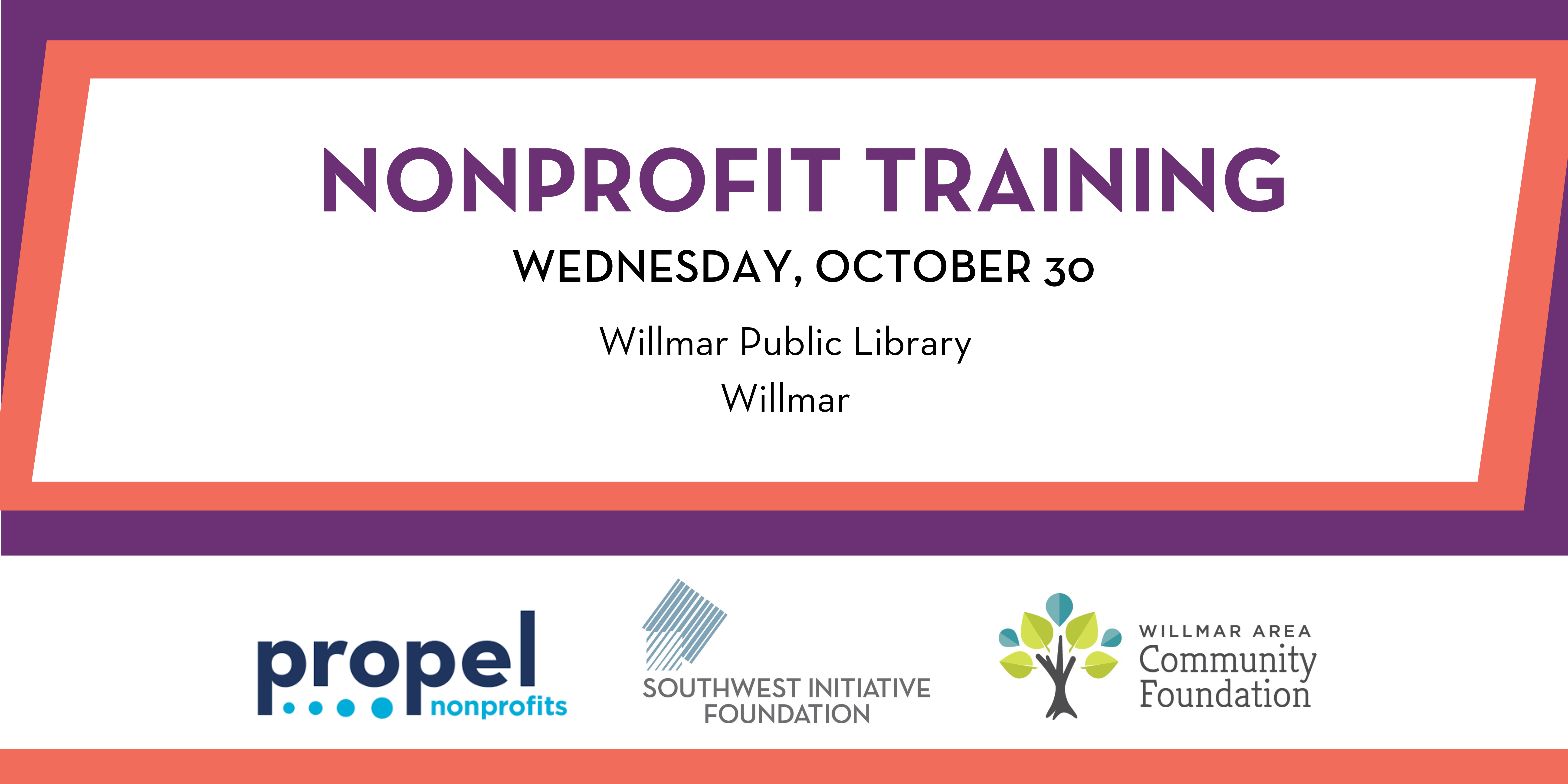 Graphic in purple, coral and white for nonprofit training Wednesday, October 30 at the Willmar Public Library