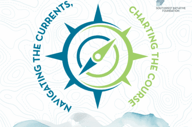 A blue and green compass illustration is centered, with the phrases Navigating the Currents, and Charting the Course encircling it. A map-like background and the Southwest Initiative Foundation logo appear at the top right.