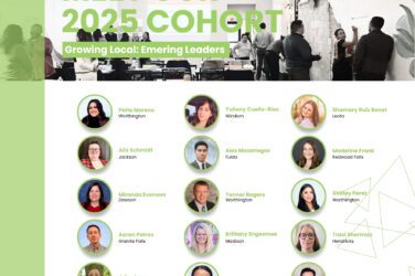 Graphic with circle-shaped head shots of 2025 Growing Local: Emerging Leaders.