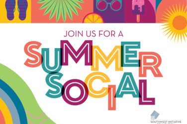 Colorful graphic with text Join us for a Summer Social. Surrounding images include flip-flops, sunglasses, a popsicle, orange and sun shapes, and decorative colorful patterns. Southwest Initiative Foundation logo is at the bottom right.
