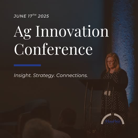 Background photo of a speaker overlaid with copy, "June 17, 2025 Ag Innovation Conference. Insight. Strategy. Connections."