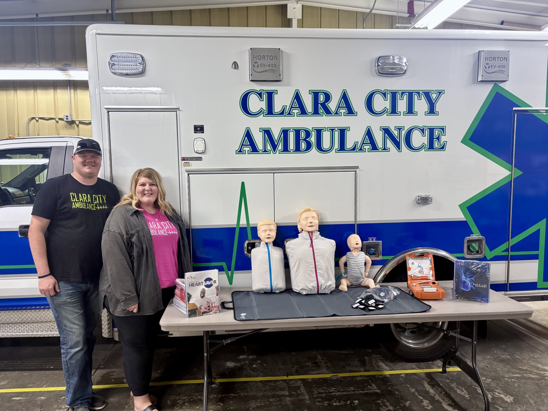 Ben Schoep, EMT & CPR Trainer (left), and Clara City Ambulance Director Ashlie Wubben display the CPR training equipment funded by the Clara City Area Community Foundation.
