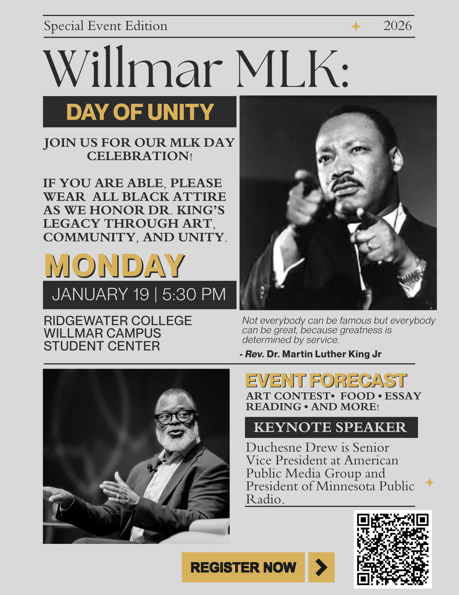 A flyer listing details for the 2026 Willmar Martin Luther King Jr. Event