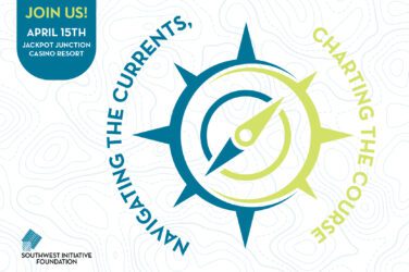Event graphic with a blue and green compass design. Text reads “Navigating the Currents, Charting the Course.” Banner says “Join Us! April 15th Jackpot Junction Casino Resort.” Southwest Initiative Foundation logo in corner.