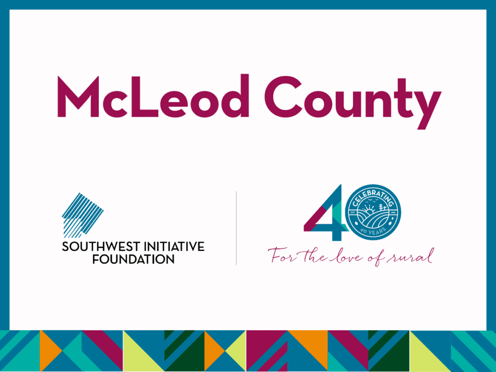Graphic with the words McLeod County, Southwest Initiative Foundation logo, a 40 Celebration emblem, and the phrase For the love of rural against a geometric patterned border.