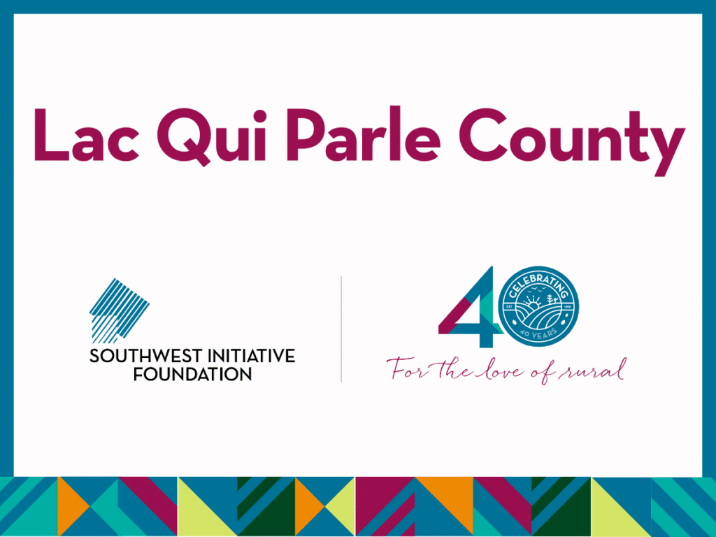 A graphic with the text Lac Qui Parle County at the top, the Southwest Initiative Foundation logo on the left, a 40 Celebration logo on the right, and colorful geometric patterns along the bottom border.