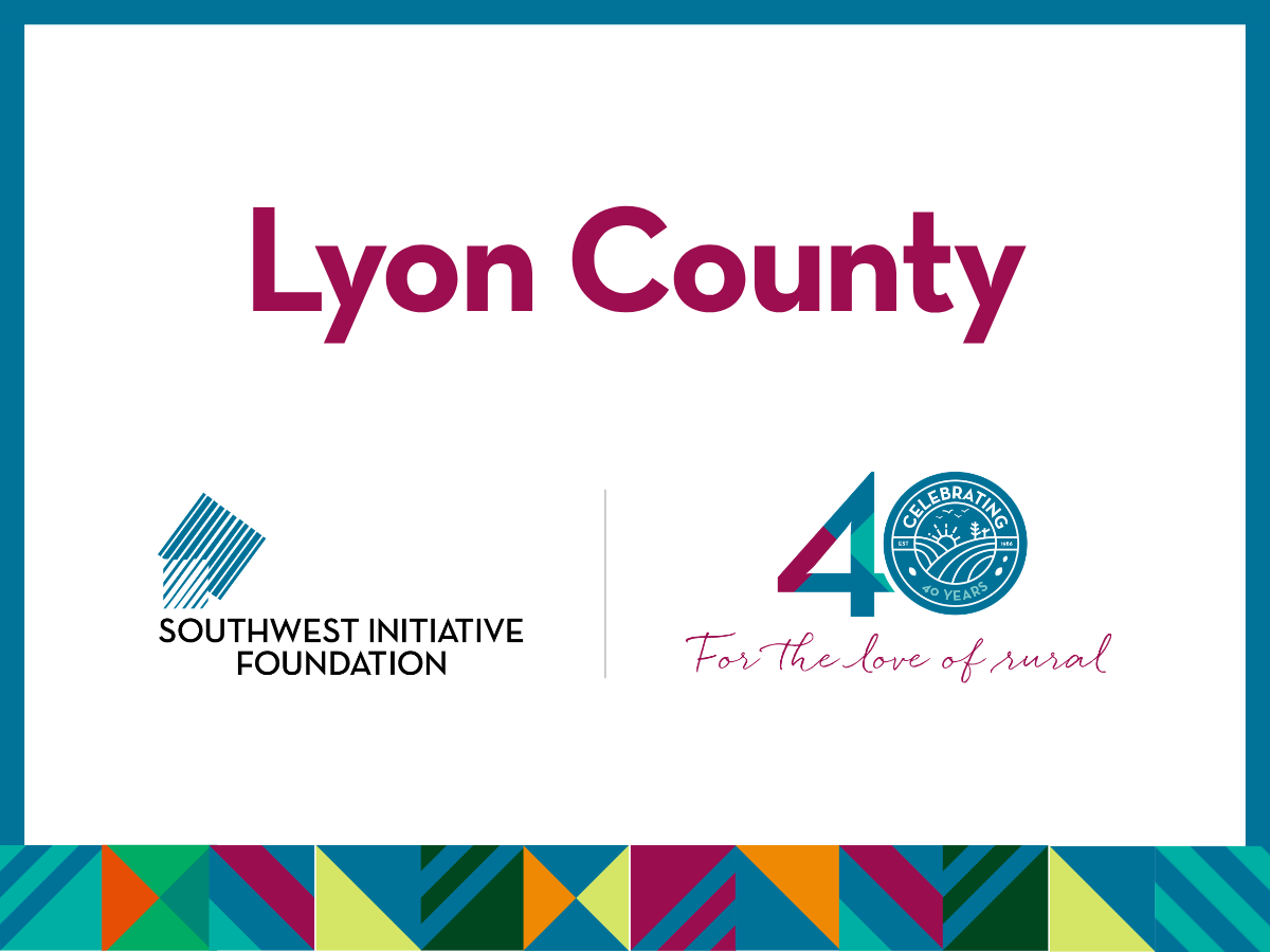 Lyon County displayed in bold text above Southwest Initiative Foundation logo and 40th Anniversary Celebration logo with For the love of rural tagline, bordered by colorful geometric patterns.