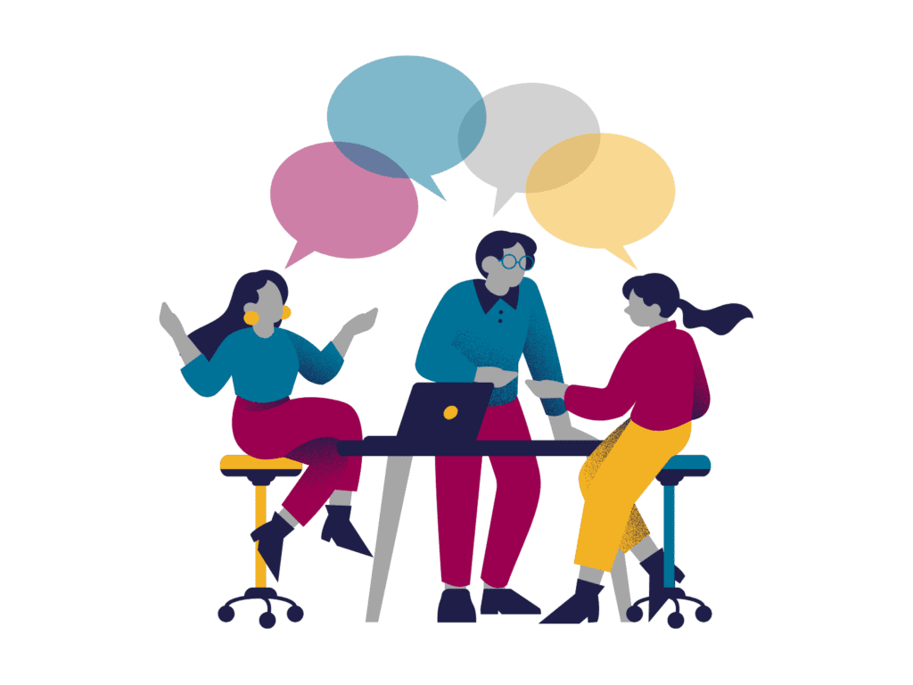 Illustration of three people sitting around a table with a laptop, having a discussion. Colorful speech bubbles appear above, highlighting conversation and Southwest Minnesota nonprofit support collaboration.