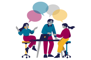 Illustration of three people sitting around a table with a laptop, having a discussion. Colorful speech bubbles appear above, highlighting conversation and Southwest Minnesota nonprofit support collaboration.