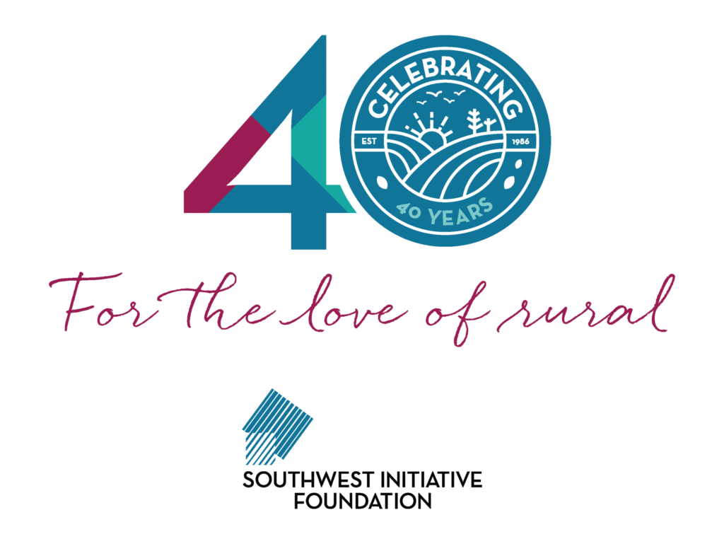 The image features a stylized number 40, a blue badge reading Celebrating 40 Years, the phrase For the love of rural in script, and the Southwest Initiative Foundation logo.