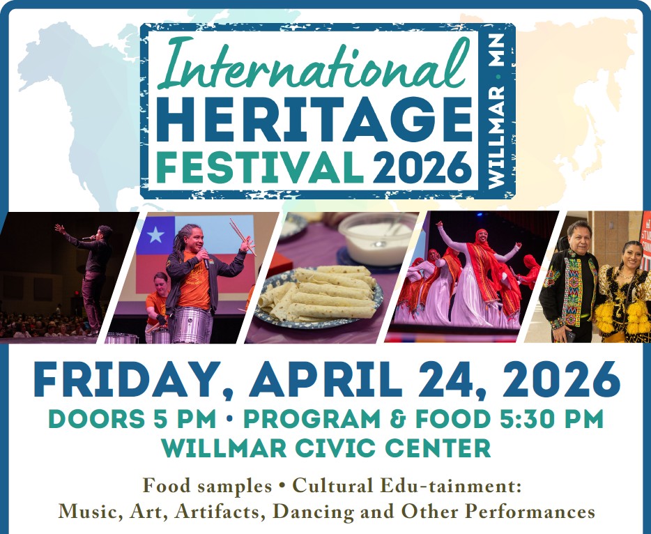 A colorful flyer for the International Heritage Festival 2026 in Willmar, MN, featuring diverse performers, food, and event details: April 24, 2026, 5 PM, Willmar Civic Center.