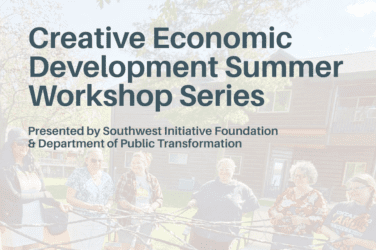 A group of people stand in a circle outdoors, holding strands of yarn. Overlaid text reads, Creative Economic Development Summer Workshop Series—highlighting innovative ways to boost local economies. Presented by Southwest Initiative Foundation & Department of Public Transformation.