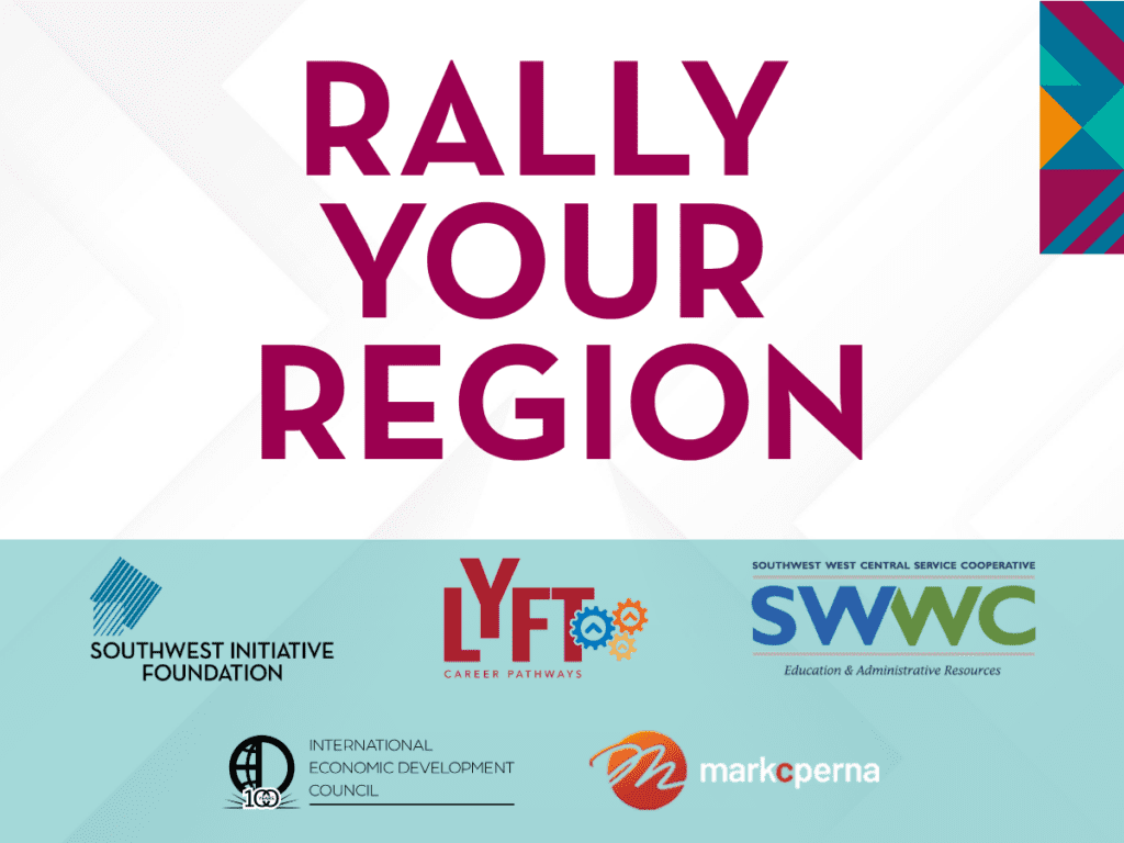 Large pink text reads Rally Your Region. Below are logos for Southwest Initiative Foundation, Lyft Career Pathways, SWWC, International Economic Development Council, and Mark Perna. Geometric shapes decorate the right side.