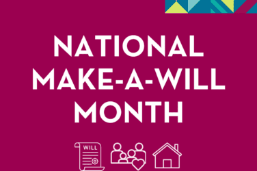Text on a maroon background reads National Make-A-Will Month. Icons at the bottom show a will document, a family, and a house. Colorful triangles fill the top right corner.