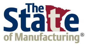 Logo reading The State of Manufacturing with the word State in blue and the letter t shaped like the state of Minnesota in red.