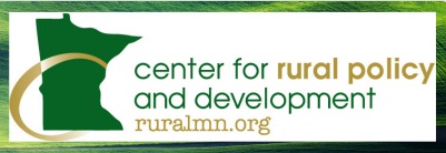 Logo for the Center for Rural Policy and Development, featuring a green silhouette of Minnesota and the text center for rural policy and development ruralmn.org on a white background.